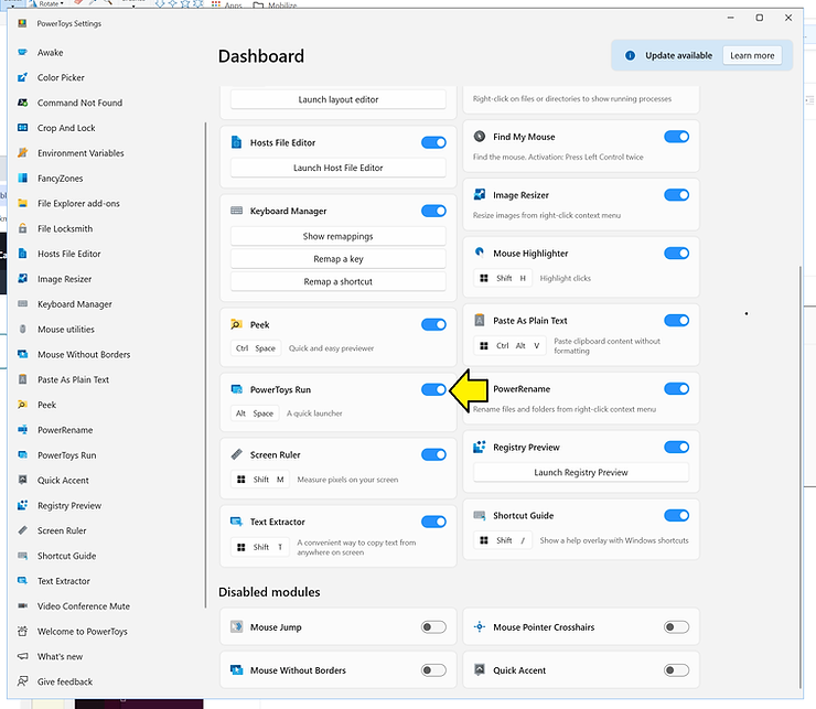 The PowerTools Run Setting
